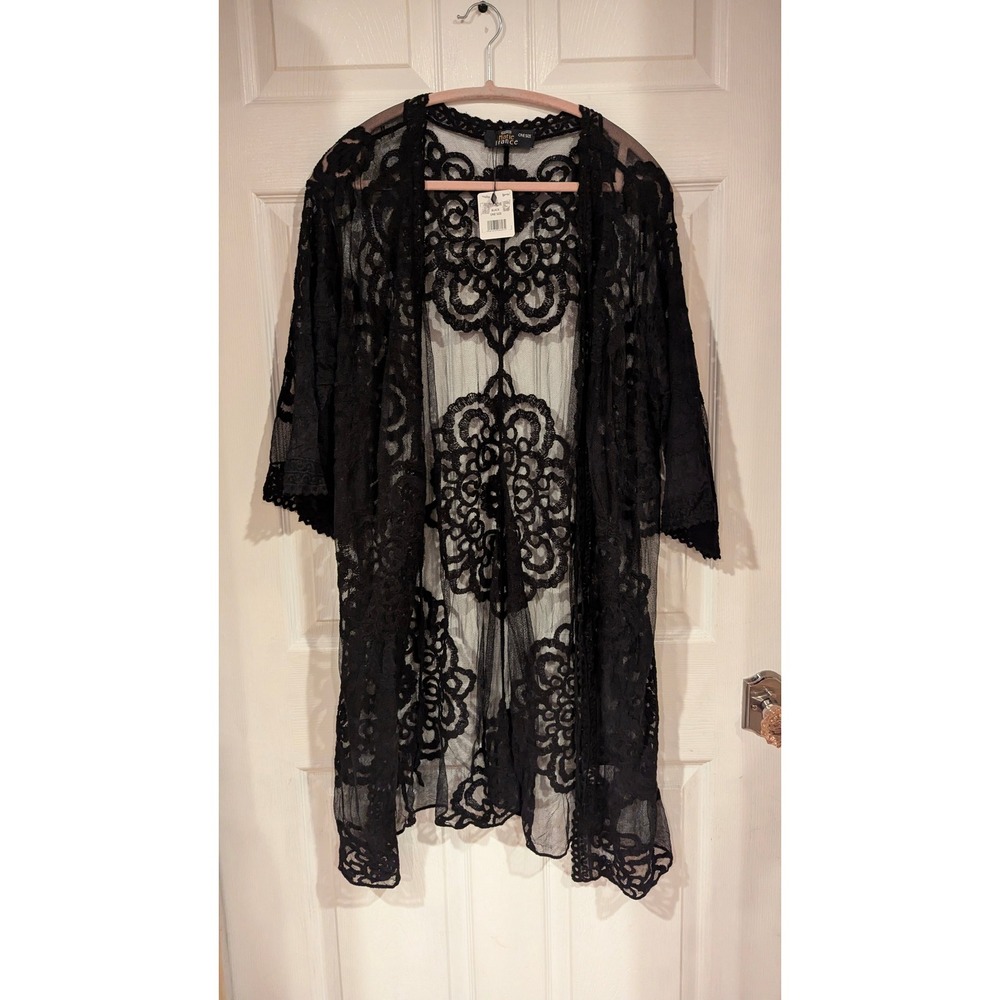 Marie France Black Lace Kimono Sheer Floral Embroidered Beach Cover Up One Size